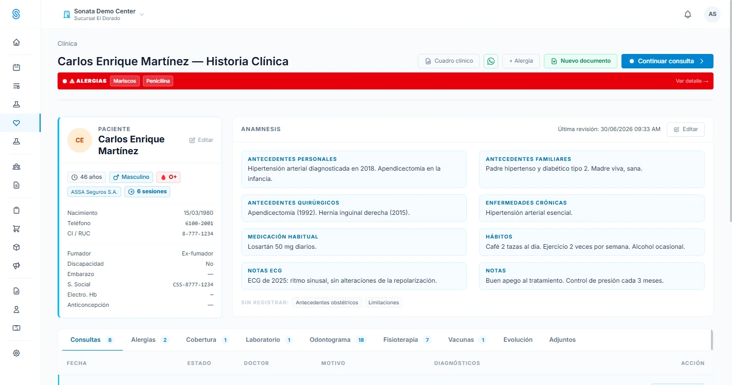 Historia clínica de un paciente en SONATA: alergias, anamnesis, antecedentes y pestañas de consultas, laboratorio y odontograma